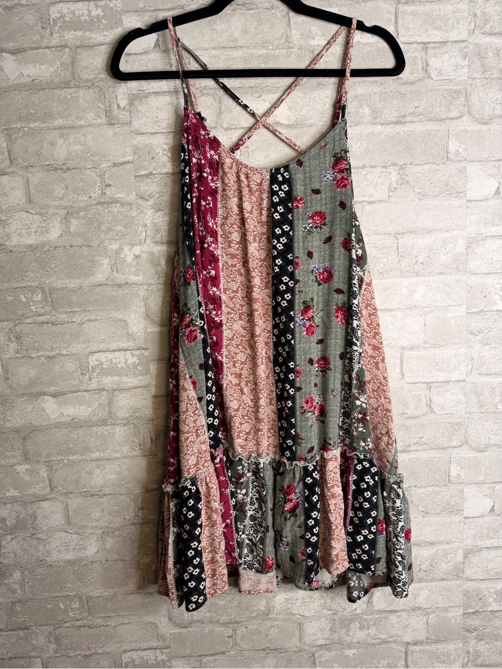 Hayden Patchwork Floral Mini Dress in Pink, Green & Black